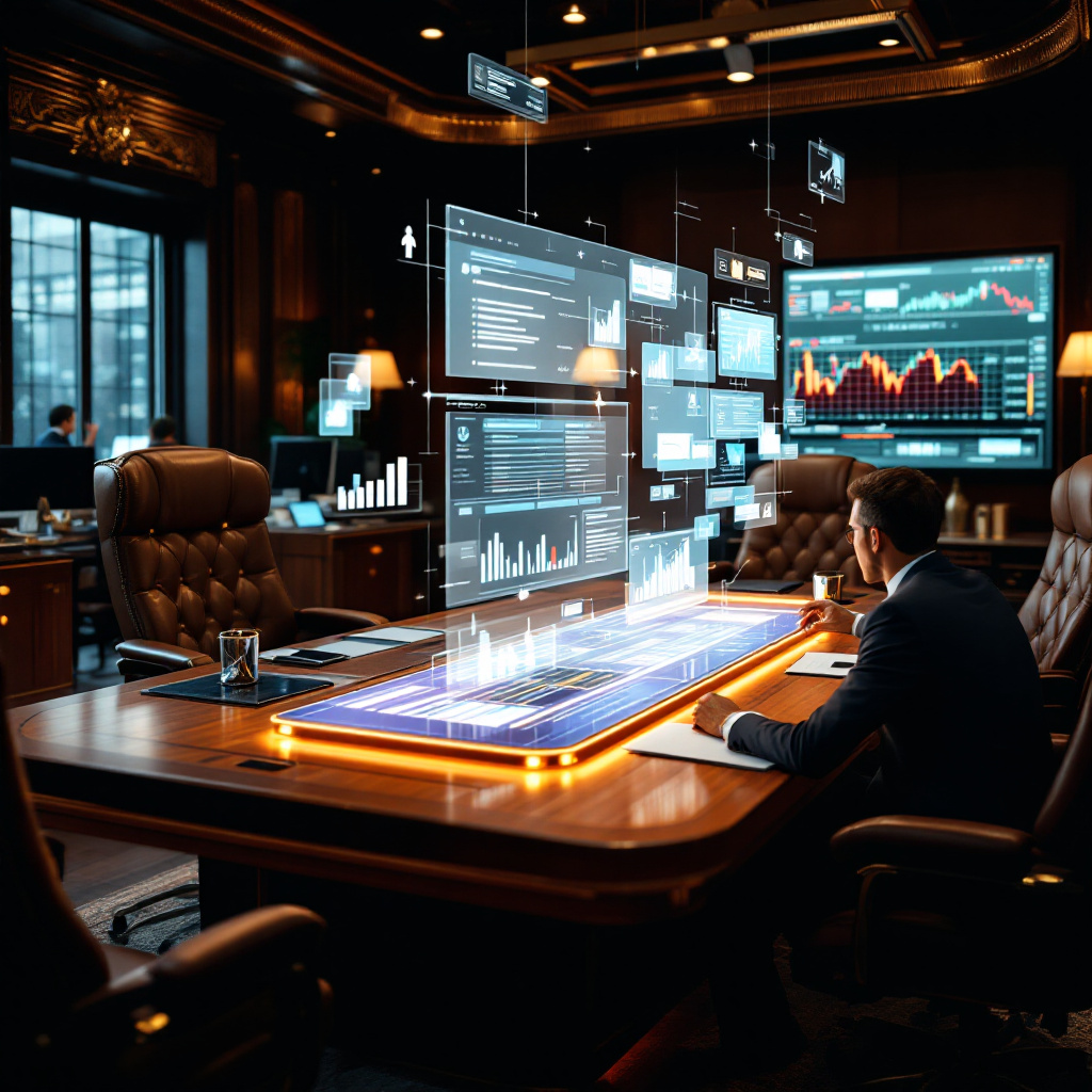 Modern executive boardroom with holographic displays showing AI-powered meeting analytics and transcription insights