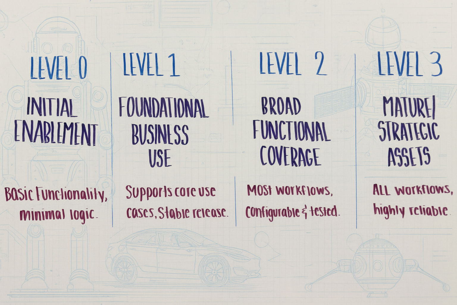 Diagram showing the four levels of AI maturity from Level 0 to Level 3