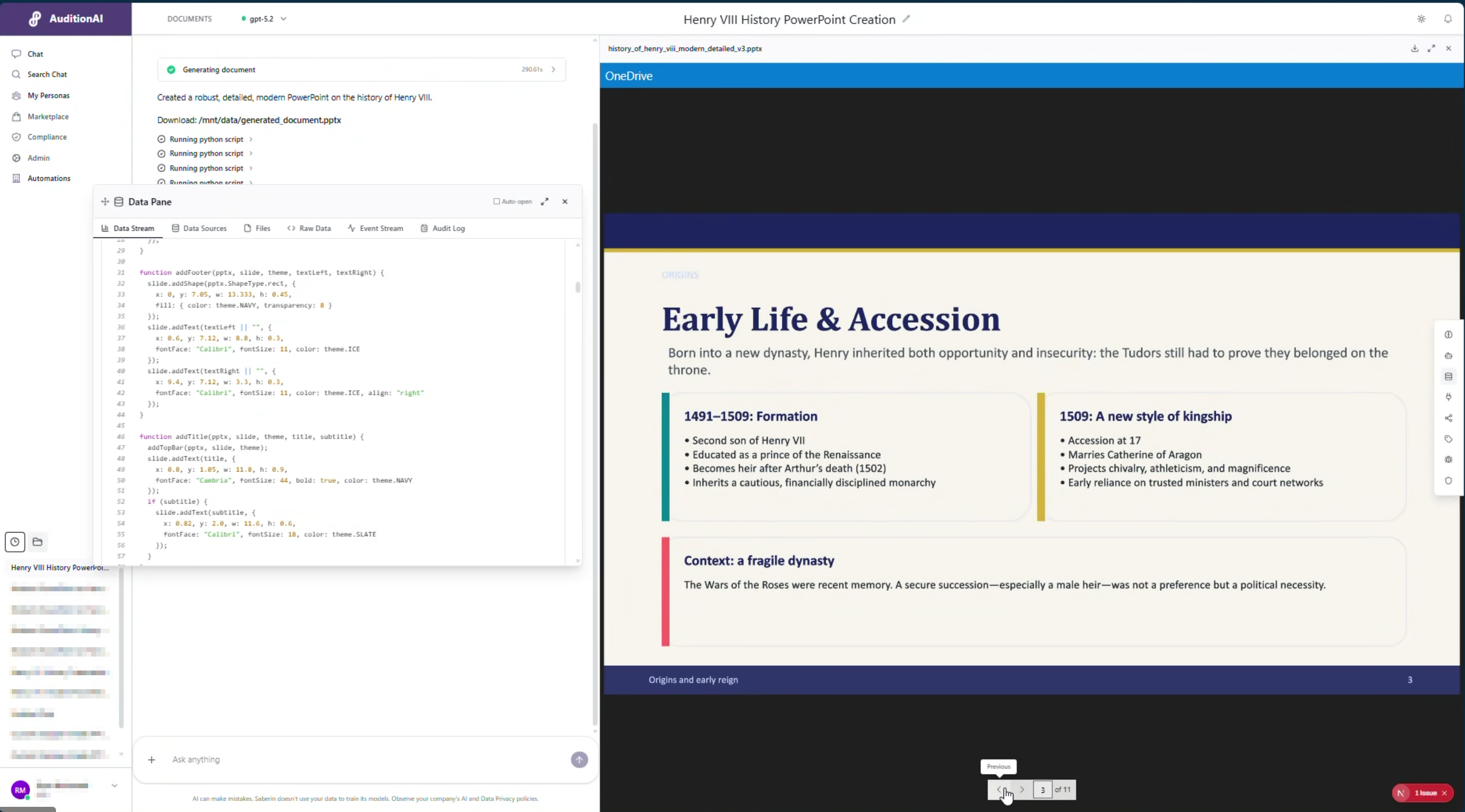 AuditionAI Document Forge PowerPoint output from the internal reveal