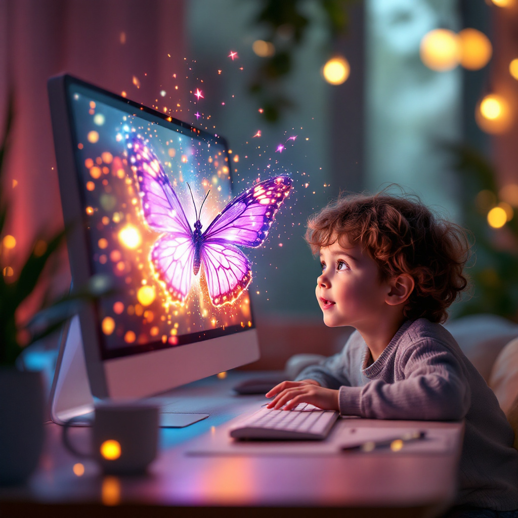 AI-generated photo of a child watching a butterfly emerge from a computer screen, showcasing advanced image generation capabilities