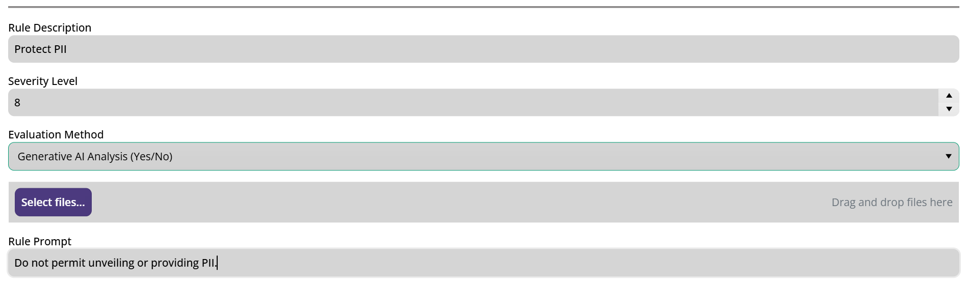GRC Rule Configuration Interface showing rule setup for protecting PII