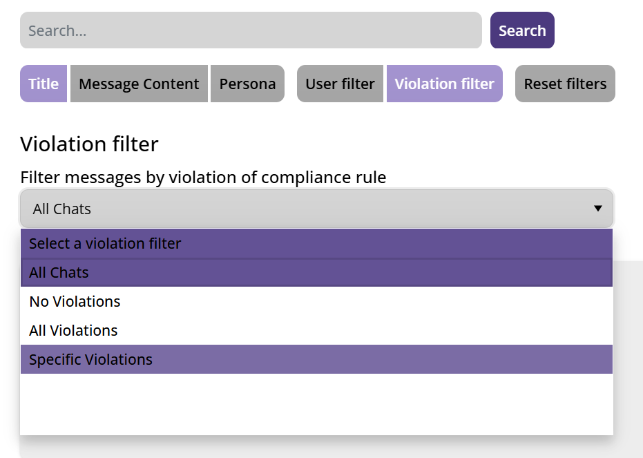 Search interface with various filter options for compliance monitoring